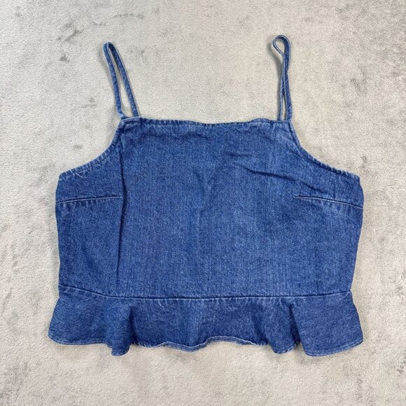 American Eagle Denim Ruffle Hem Cami Crop Top Smocked Back Y2K It-Girl Retro L - Picture 2 of 8